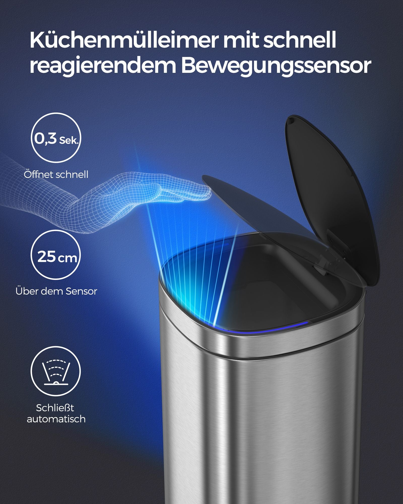 Prullenbak met bewegingssensor – 50 L – 30 x 30 x 74,6 cm – Ozonfunctie voor geurverwijdering