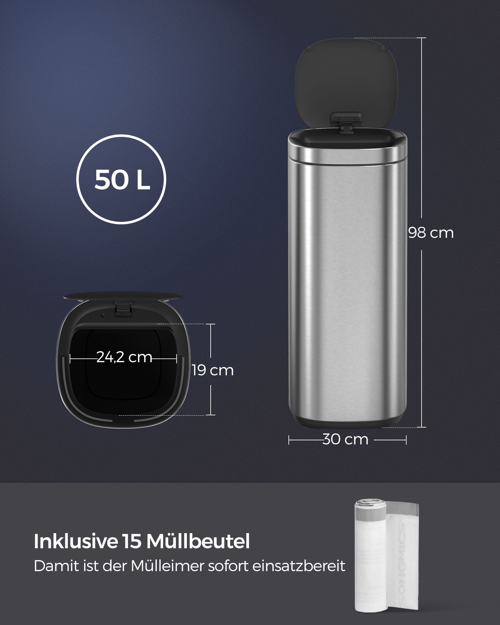 Vuilnisbak met bewegingssensor 50 L zilver