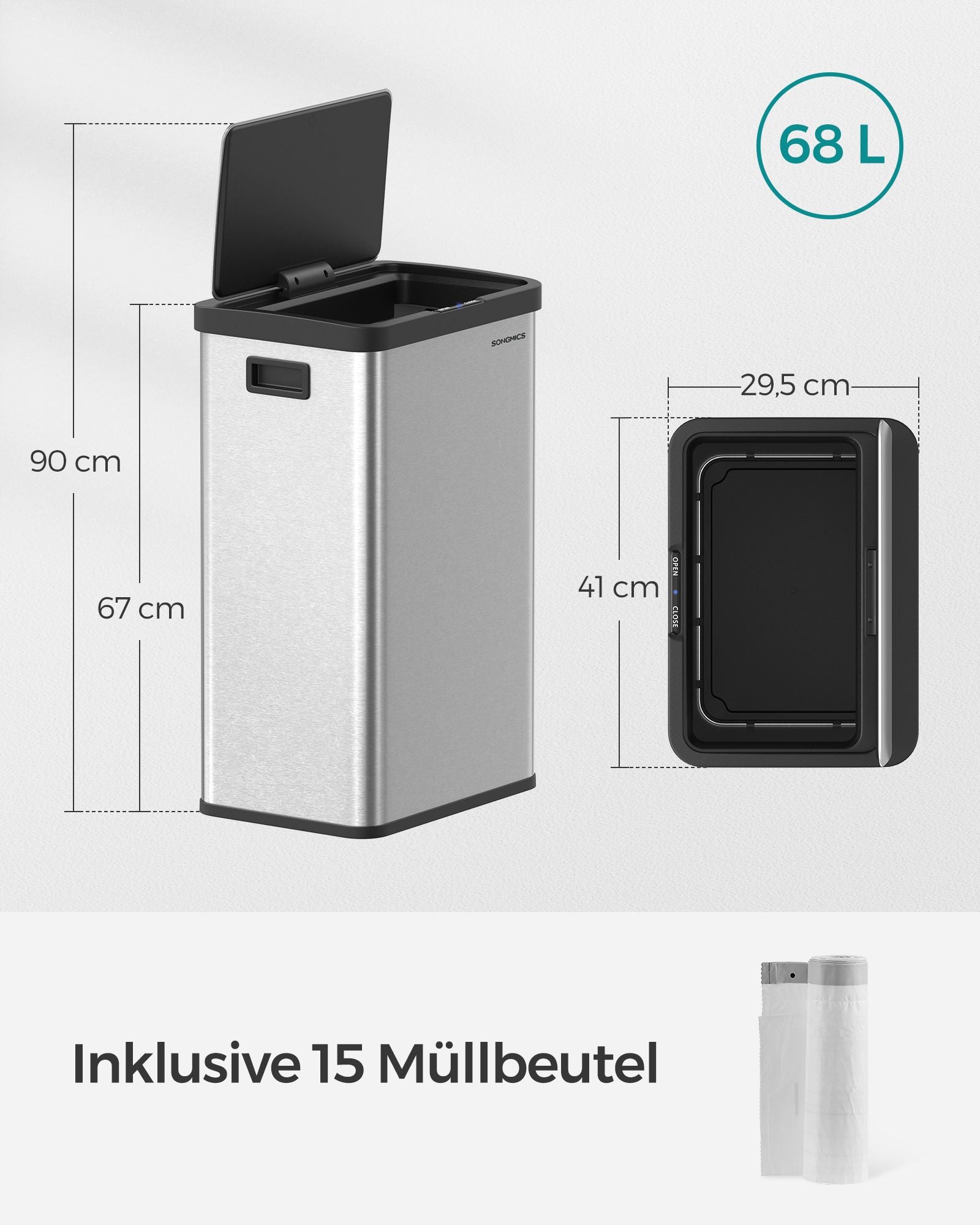 Prullenbak met Bewegingssensor – 68 L – Stil sluitend deksel – Inclusief vuilniszakken