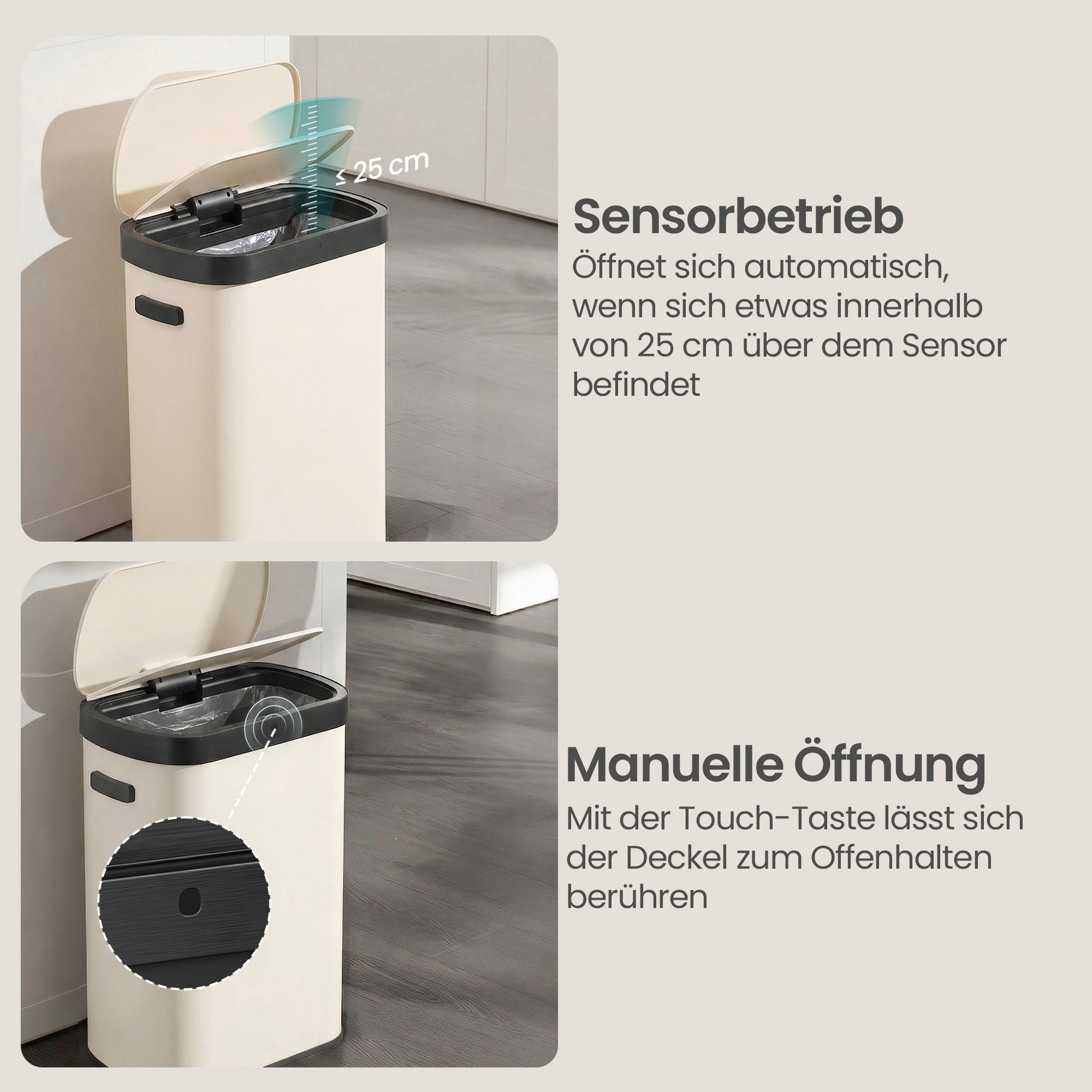 Sensor Prullenbak - 50 Liter - Soft-Close Deksel - Staal - Crème