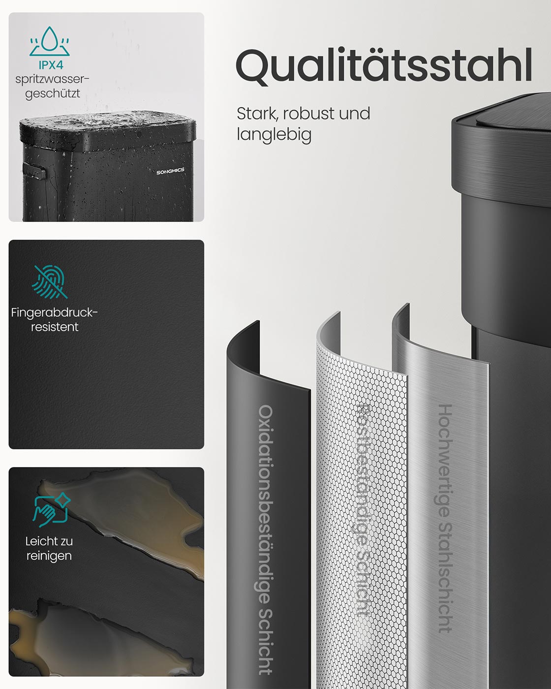 Prullenbak met automatische sensor – Soft-close deksel – 50 L  – 42,5 x 27,1 x 58,7 cm