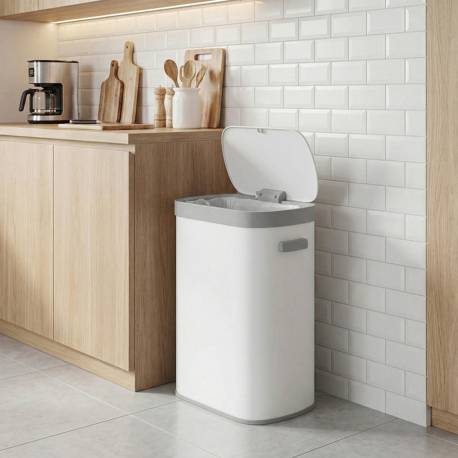 Sensor Prullenbak - 50 Liter - Soft-Close Deksel - Staal - Wit