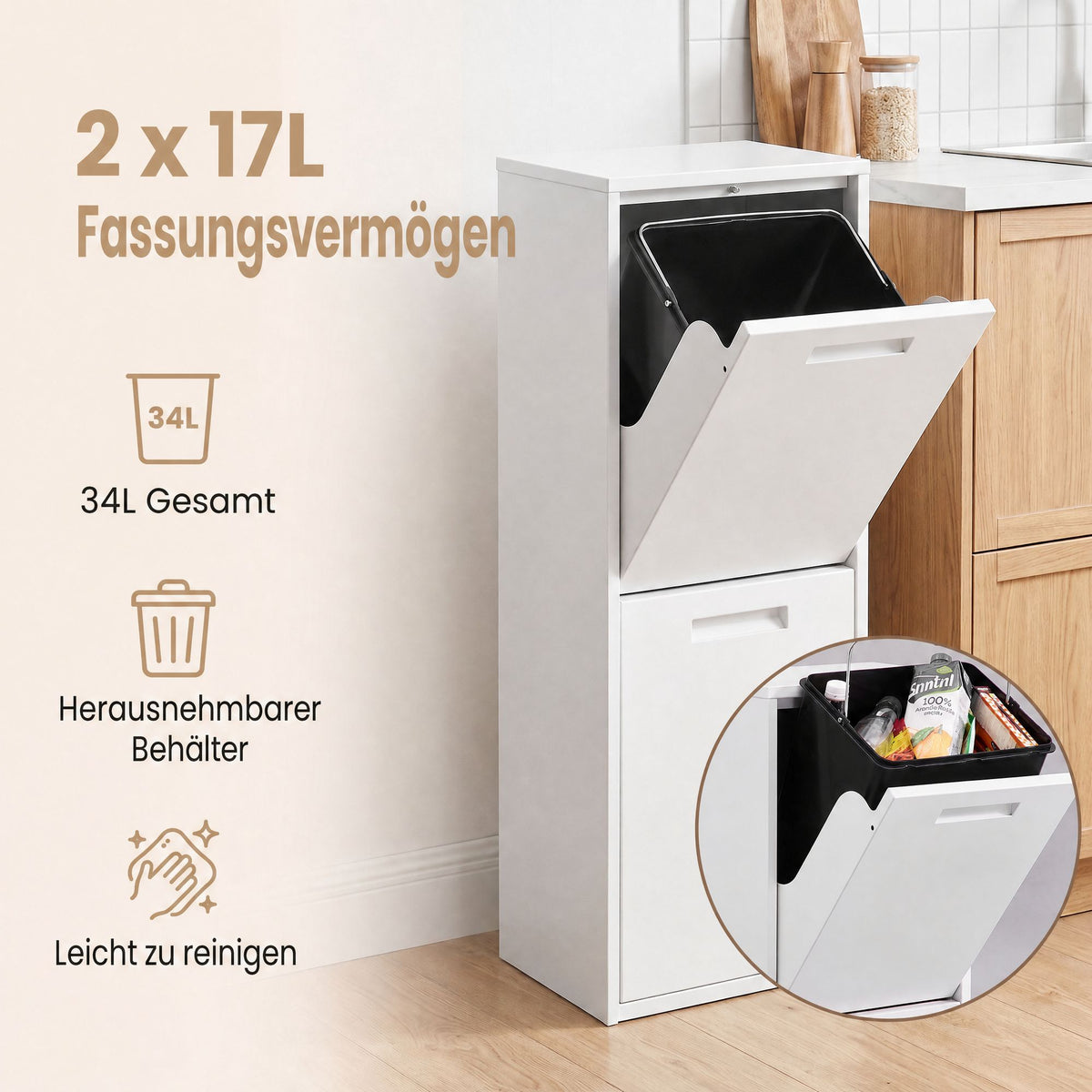 Afvalscheidingssysteem – 2 x 17 L – Geurdicht – Staal – Wit