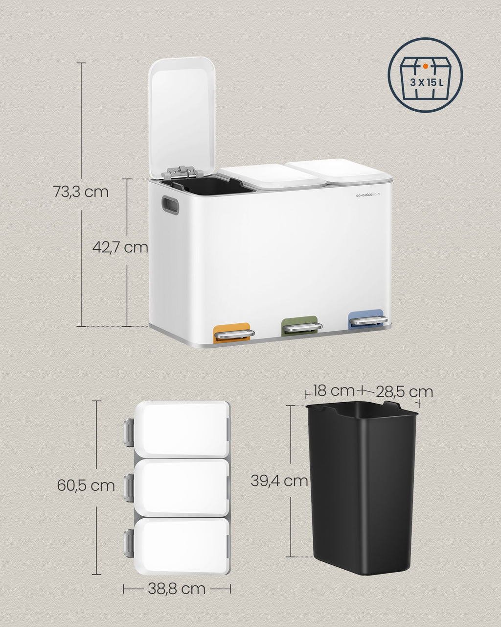 Keukenprullenbak 3 X 15 L Vakken Wolkwit