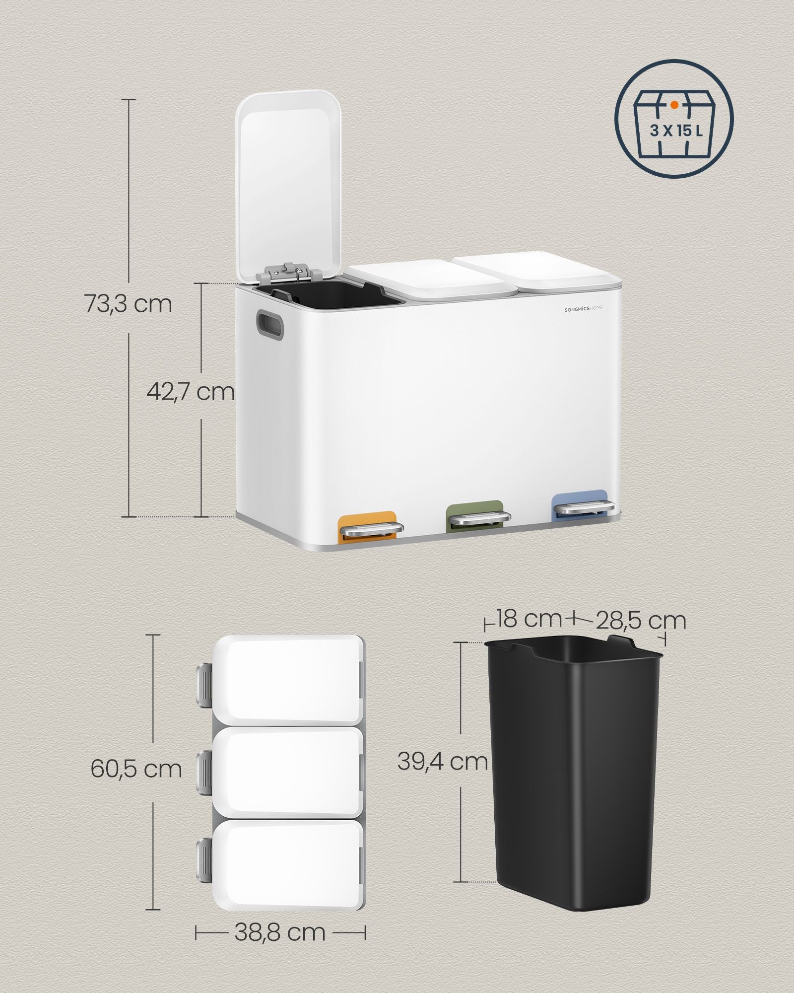 Keukenprullenbak 3 X 15 L Vakken Wolkwit