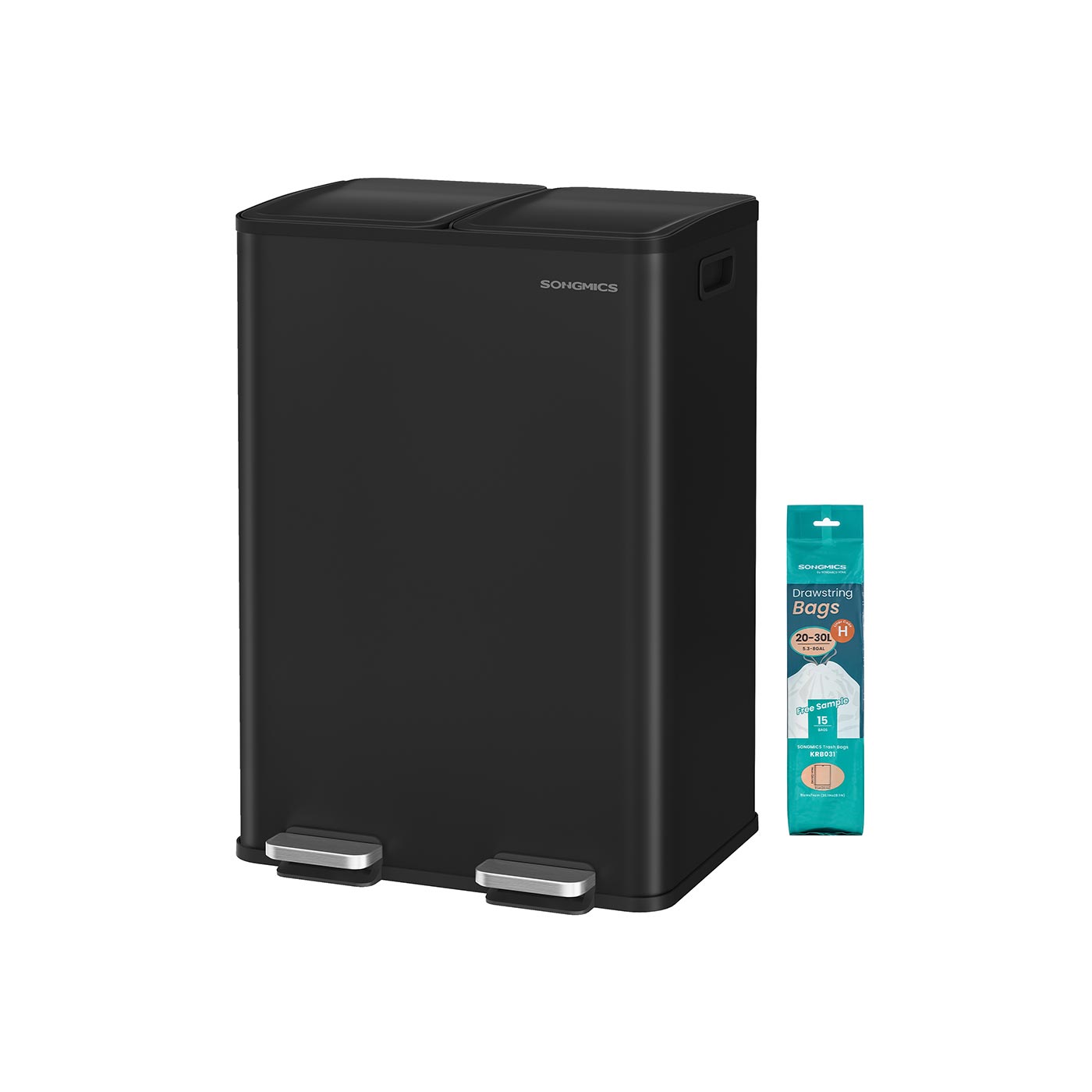 Prullenbak met 2 x 30 L compartimenten – Soft-close deksel – Inclusief 15 vuilniszakken – 47,6 x 37,7 x 66,9 cm