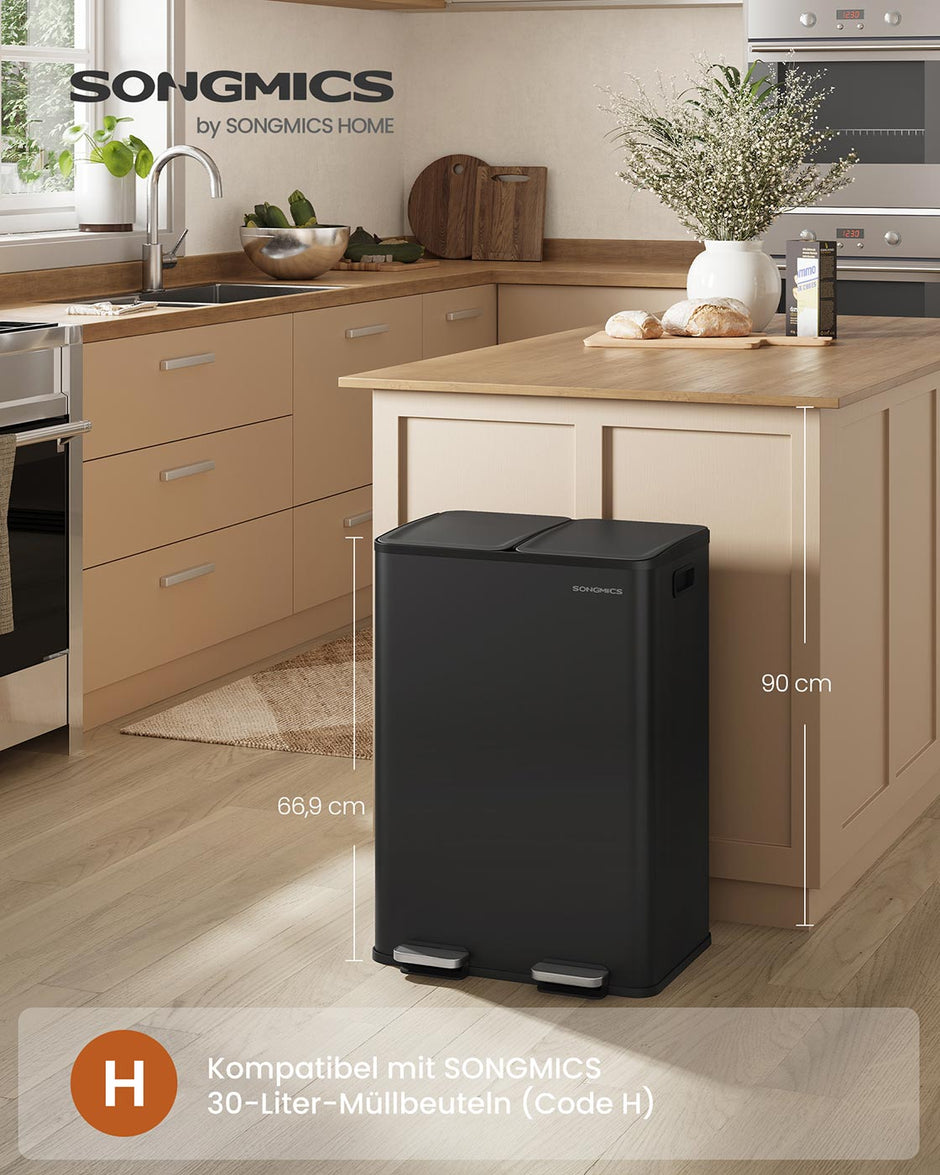 Prullenbak met 2 x 30 L compartimenten – Soft-close deksel – Inclusief 15 vuilniszakken – 47,6 x 37,7 x 66,9 cm