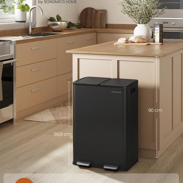 Prullenbak met 2 x 30 L compartimenten – Soft-close deksel – Inclusief 15 vuilniszakken – 47,6 x 37,7 x 66,9 cm