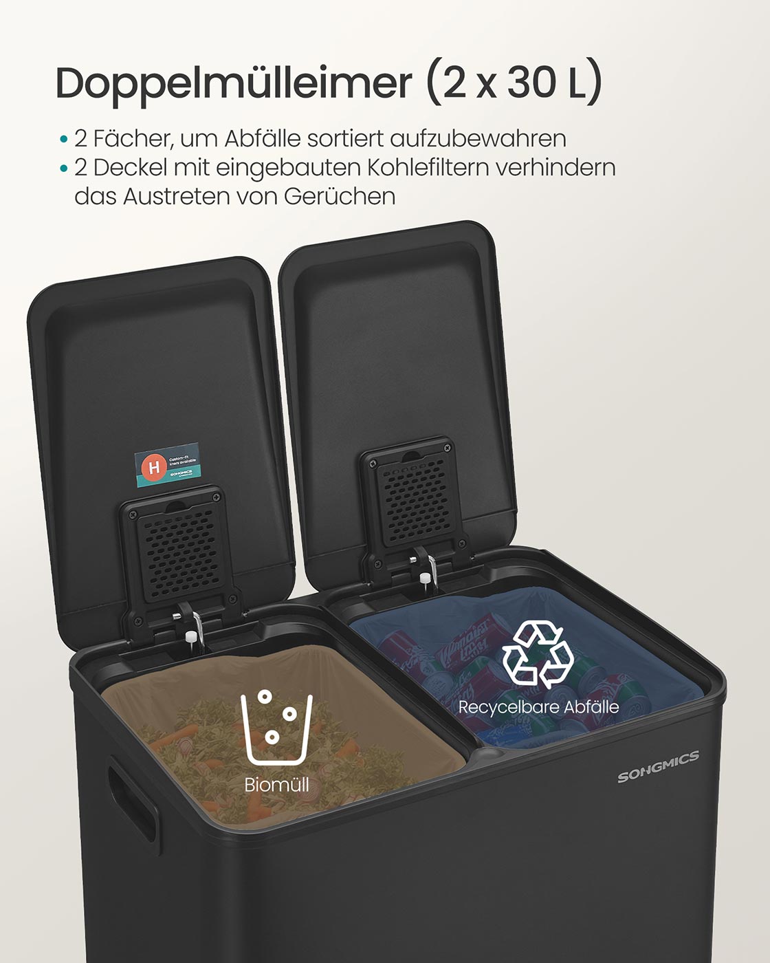 Prullenbak met 2 x 30 L compartimenten – Soft-close deksel – Inclusief 15 vuilniszakken – 47,6 x 37,7 x 66,9 cm