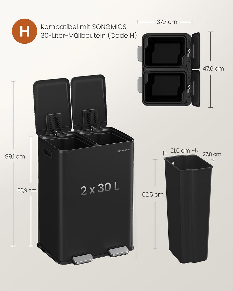 Prullenbak met 2 x 30 L compartimenten – Soft-close deksel – Inclusief 15 vuilniszakken – 47,6 x 37,7 x 66,9 cm