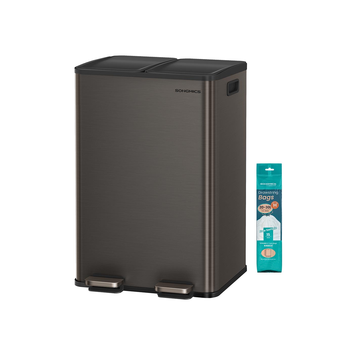 Prullenbak met 2 x 30 L compartimenten – Soft-close deksel – Inclusief 15 vuilniszakken – 47,6 x 37,7 x 66,9 cm