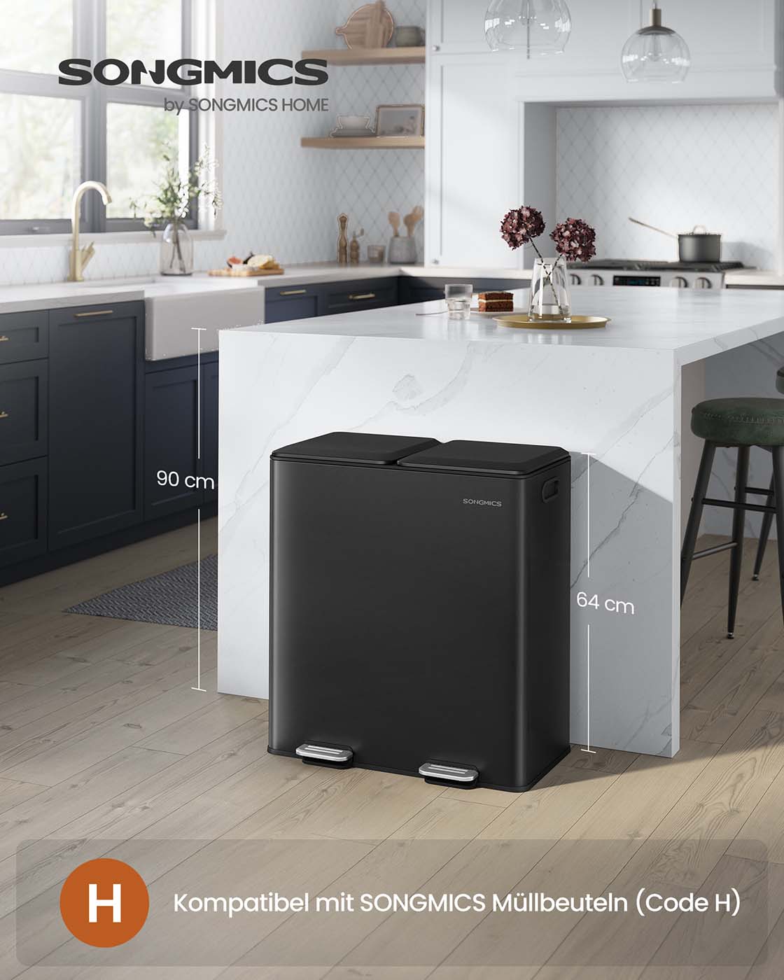 Prullenbak met 2 x 30 L compartimenten – Softclose deksel – Uitneembare binnenemmers