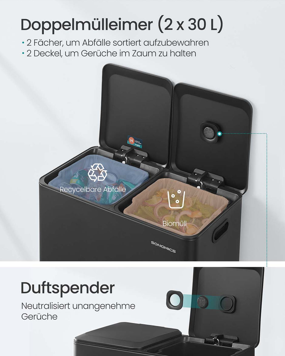 Prullenbak met 2 x 30 L compartimenten – Softclose deksel – Uitneembare binnenemmers