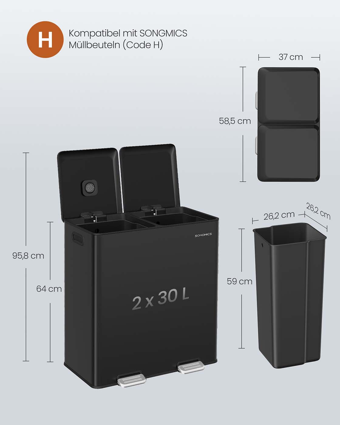 Prullenbak met 2 x 30 L compartimenten – Softclose deksel – Uitneembare binnenemmers
