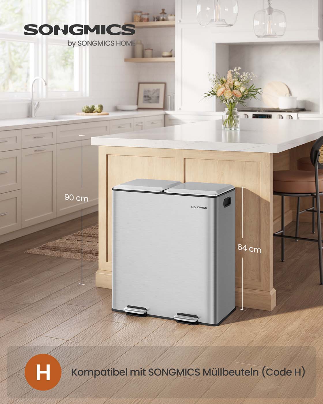 Prullenbak met 2 x 30 L compartimenten – Softclose deksel – Uitneembare binnenemmers