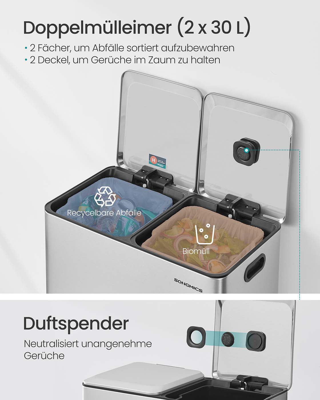 Prullenbak – 2 Compartimenten – Softclose Pedaal en Binnenemmers – Keuken