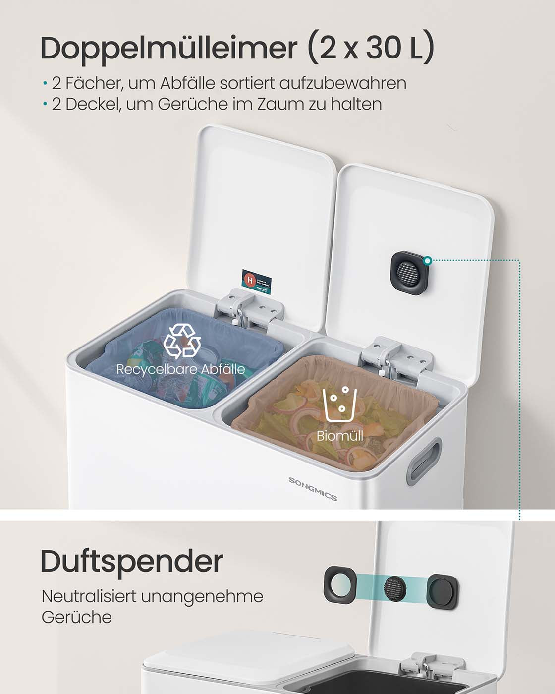 Prullenbak – 2 Compartimenten – Softclose Pedaal en Binnenemmers – Keuken