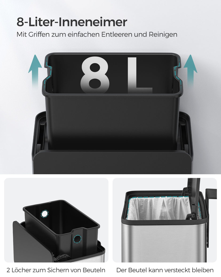 Vuilnisbak met deksel voor GFT-afval – 8 L – Compact en eenvoudig te bevestigen – Metallic Zilver