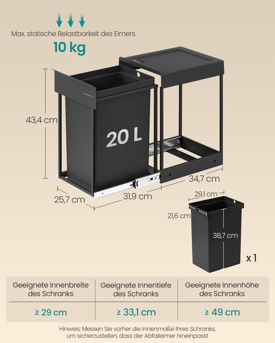 Afvalbak - 34,7 x 25,7 x 43,4 cm - 20 liter - uitschuifbaar - stalen frame - ABS deksel - inktzwart