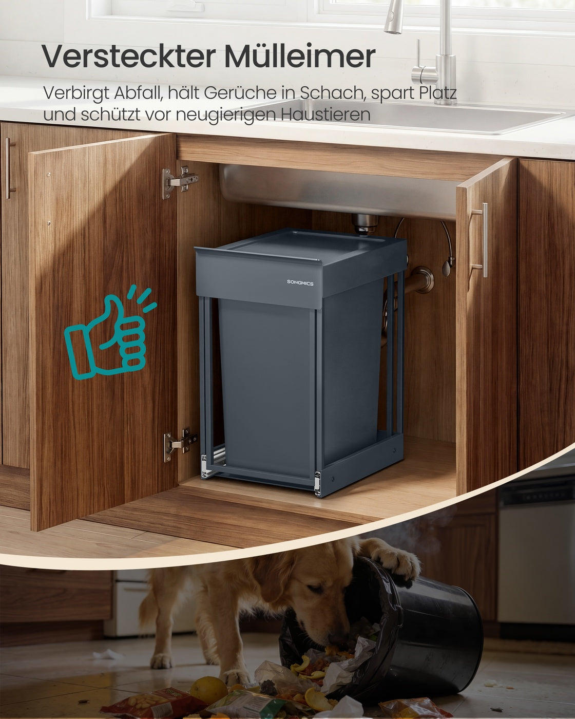 Afvalbak - 34,7 x 25,7 x 43,4 cm - 20 liter - uitschuifbaar - stalen frame - ABS-deksel - grijs