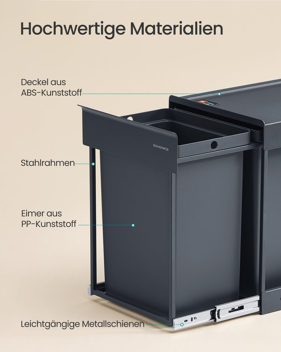 Afvalbak - 34,7 x 25,7 x 43,4 cm - 20 liter - uitschuifbaar - stalen frame - ABS-deksel - grijs