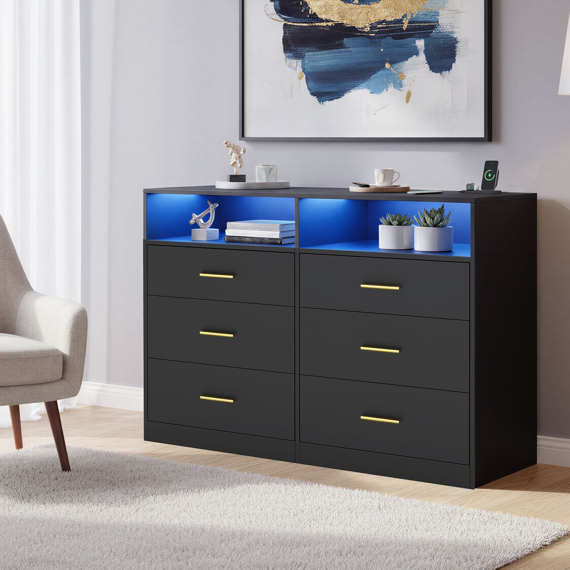 Commode - 6 Lades - Ledverlichting - Met Oplaadstation - Zwart