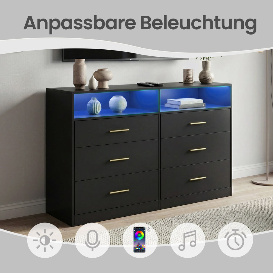 Commode - 6 Lades - Ledverlichting - Met Oplaadstation - Zwart