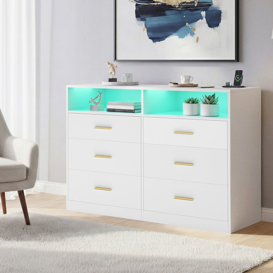 Commode - 6 Lades - Ledverlichting - Met Oplaadstation - Wit
