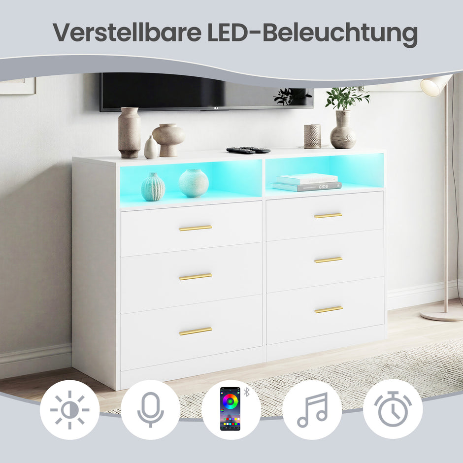 Commode - 6 Lades - Ledverlichting - Met Oplaadstation - Wit