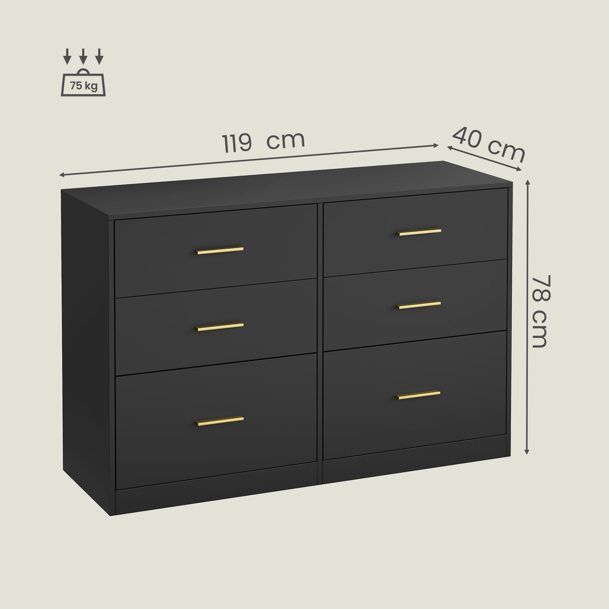 Commode - 6 Lades - Modern - 119 cm Breed - Zwart