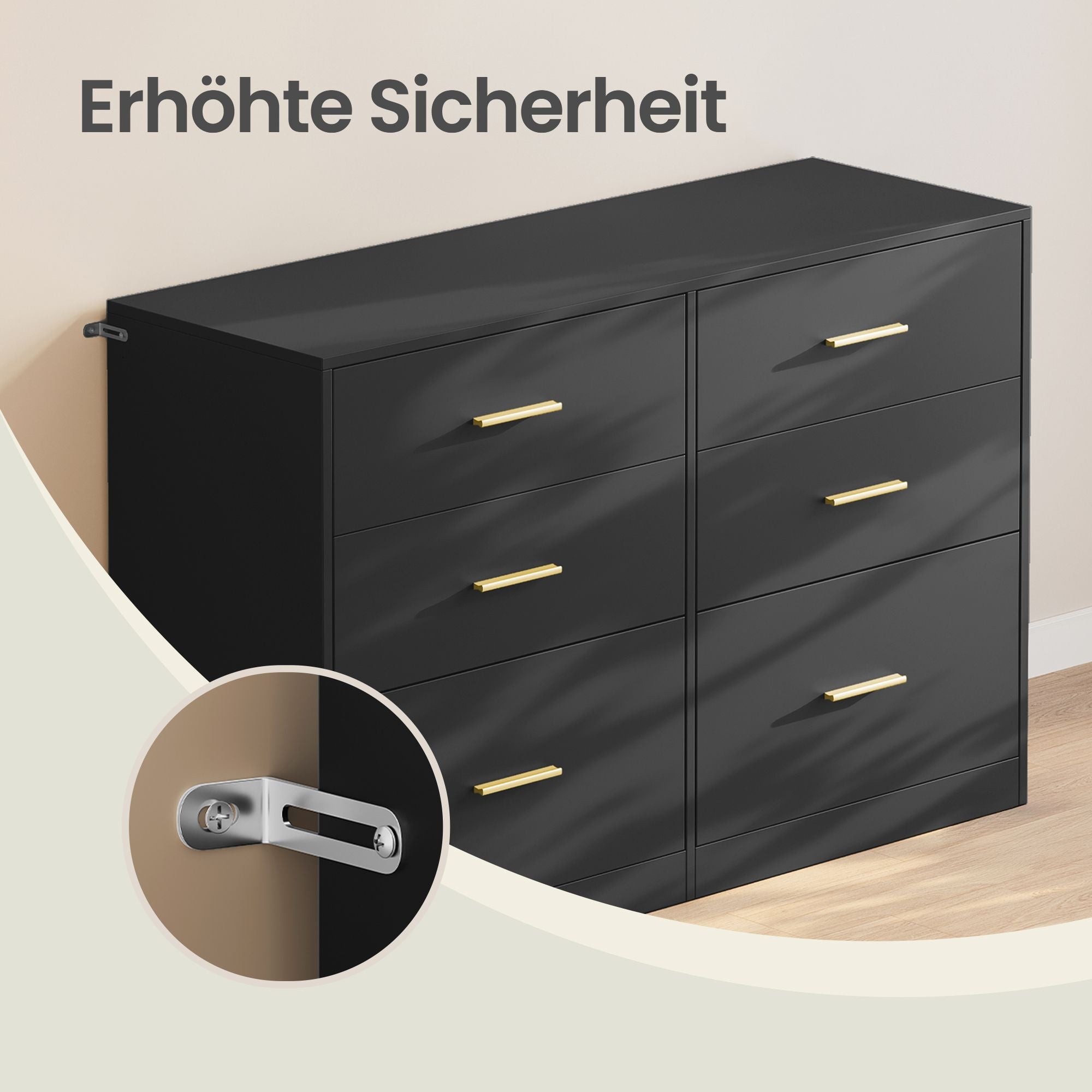 Commode - 6 Lades - Modern - 119 cm Breed - Zwart