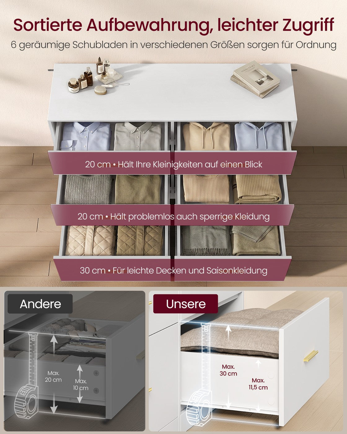 Commode - 40 x 119 x 78 cm - 6 lades - Wolkenwit - Max. lades belastbaarheid 10 kg - Max. bovenpaneel belastbaarheid 75 kg