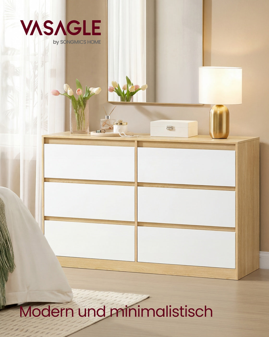 Commode - 6 Lades - Modern - 119 cm Breed - Amandelgeel-Wit