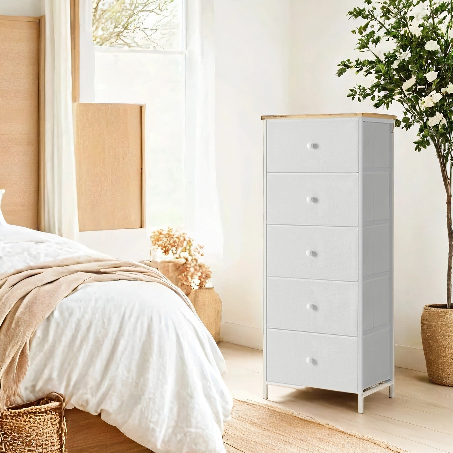 Ladekast – 5 Stoffen Lades – Metalen Frame – Geel-Wit