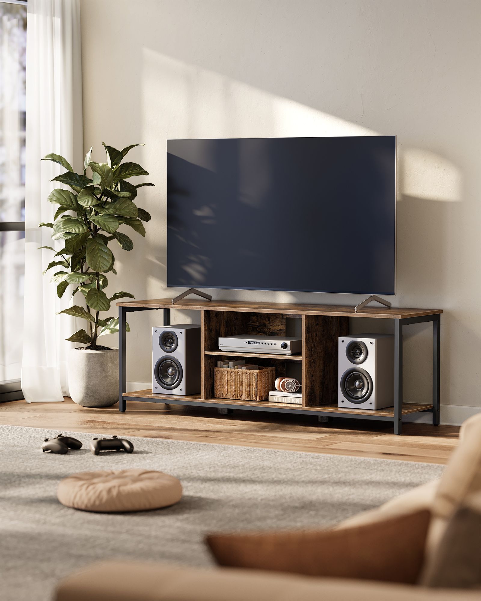 TV-meubel Vintage bruin en inktzwart – Voor TV’s tot 65 inch – 147 x 40 x 50 cm – Met open vakken