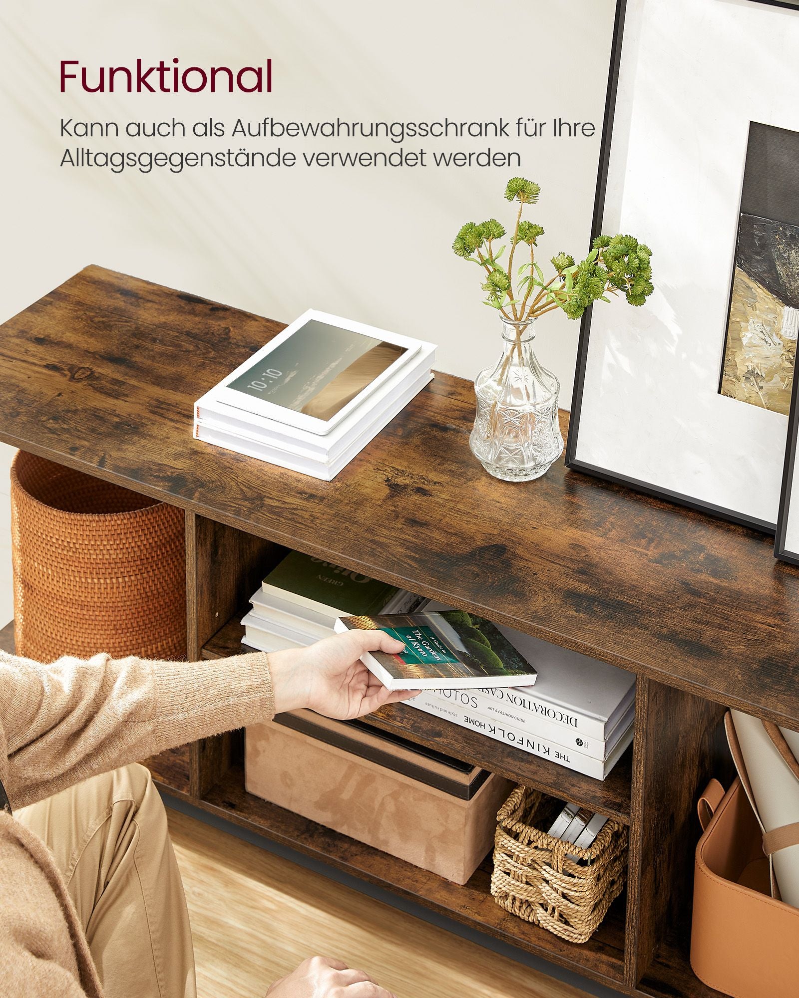 TV-meubel Vintage bruin en inktzwart – Voor TV’s tot 65 inch – 147 x 40 x 50 cm – Met open vakken