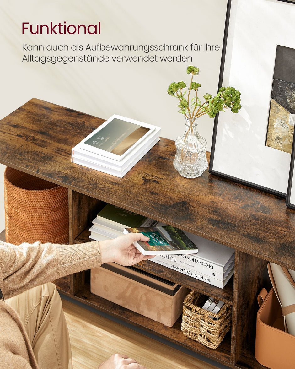 TV-meubel Vintage bruin en inktzwart – Voor TV’s tot 65 inch – 147 x 40 x 50 cm – Met open vakken