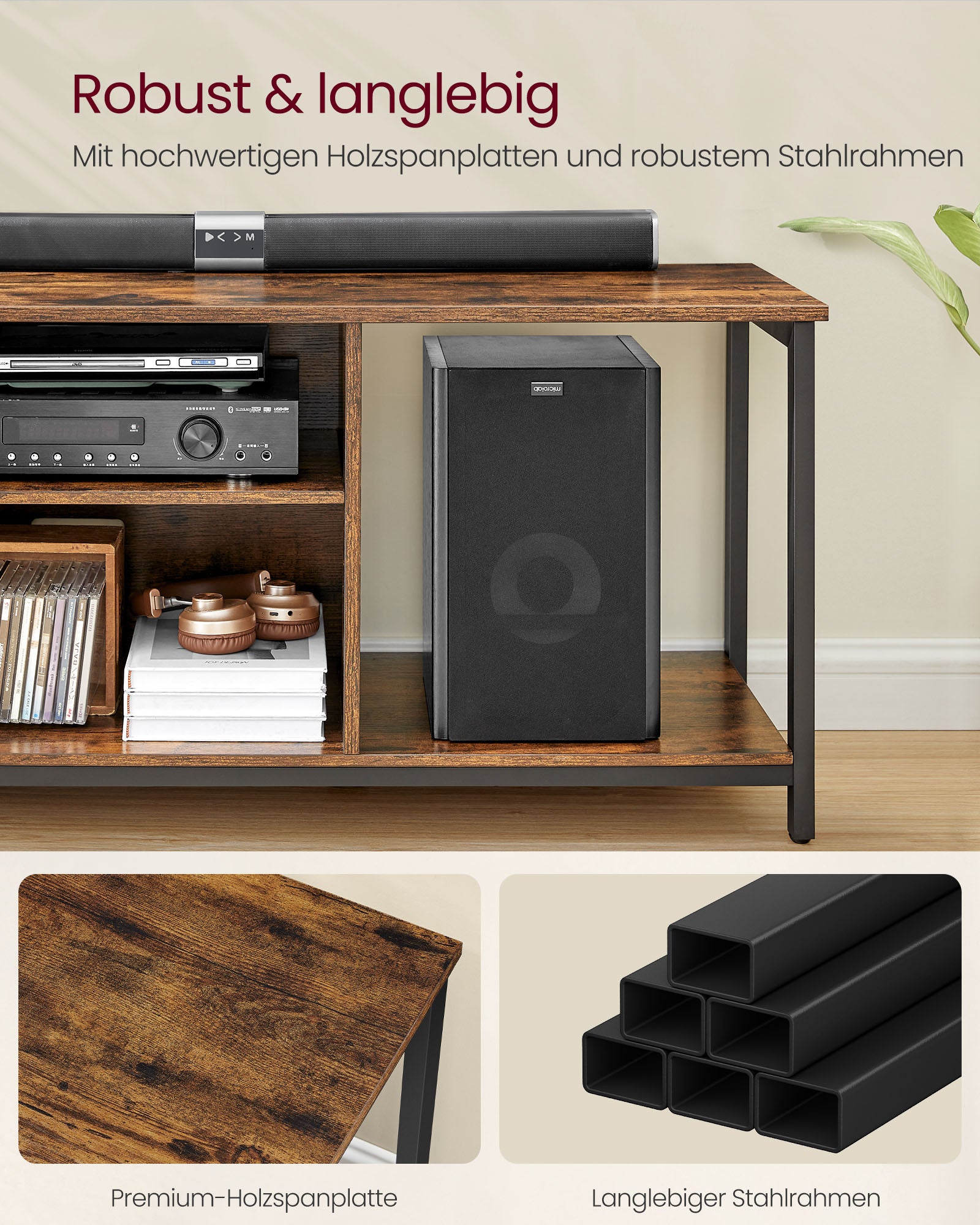 TV-meubel Vintage bruin en inktzwart – Voor TV’s tot 65 inch – 147 x 40 x 50 cm – Met open vakken