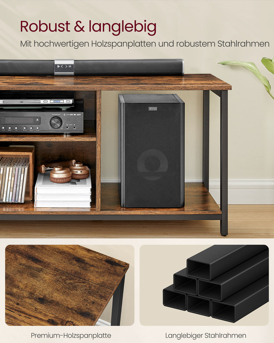 TV-meubel Vintage bruin en inktzwart – Voor TV’s tot 65 inch – 147 x 40 x 50 cm – Met open vakken