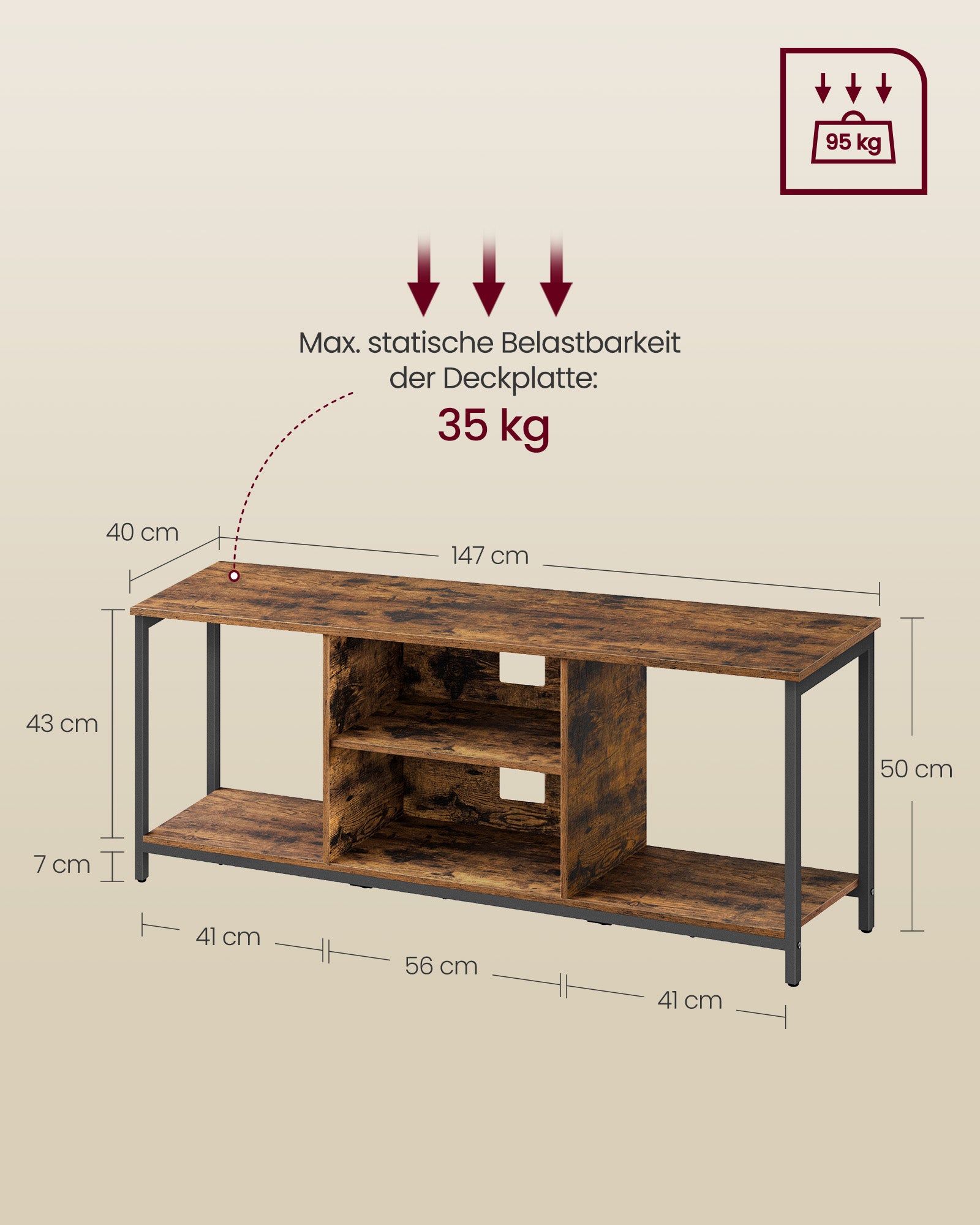 TV-meubel Vintage bruin en inktzwart – Voor TV’s tot 65 inch – 147 x 40 x 50 cm – Met open vakken