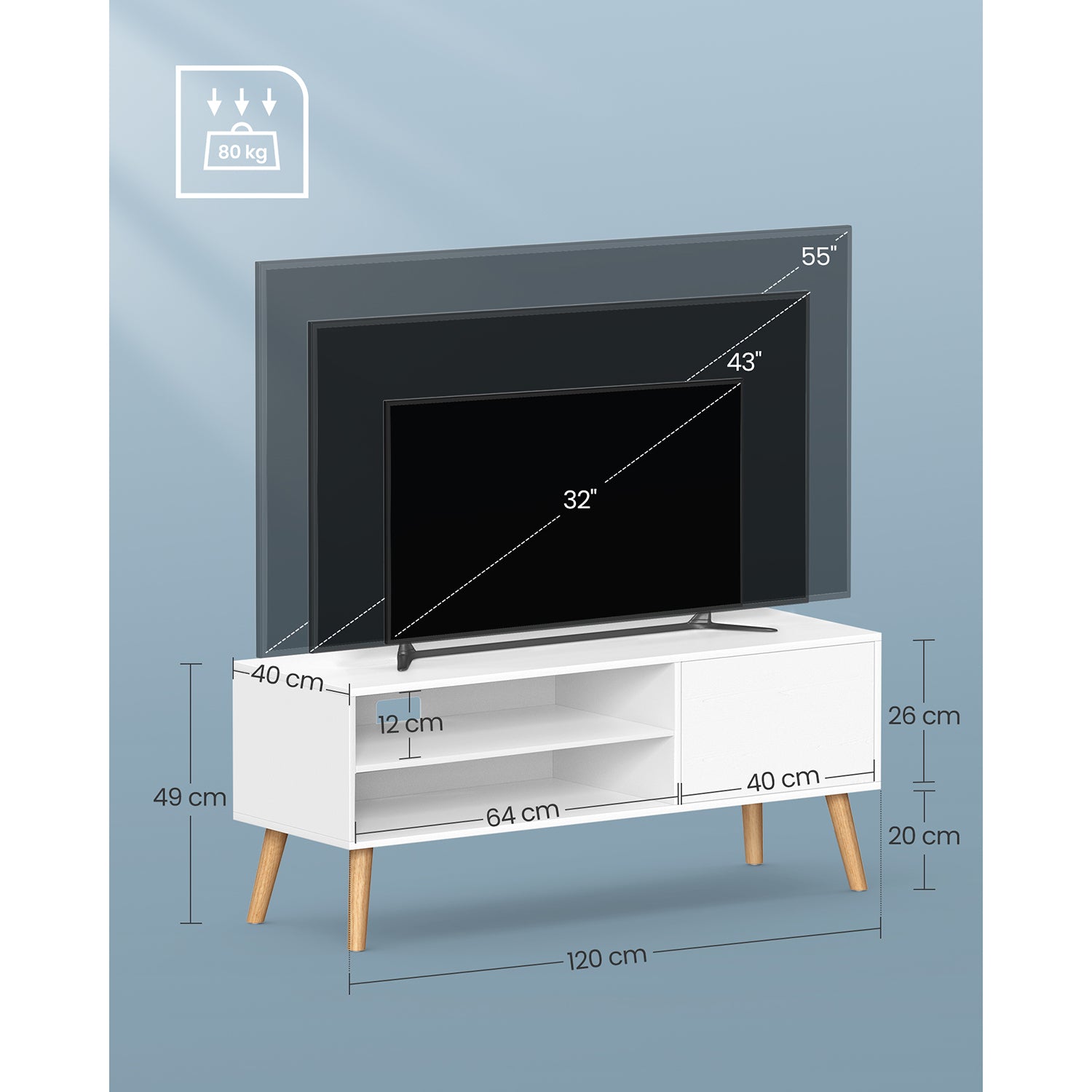 TV-meubel – Met kast en open vakken – Wit – Geschikt voor TV’s tot 55 inch