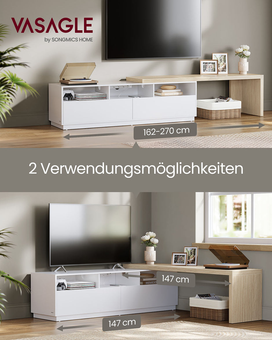 TV-meubel – L-vormig – Wolkenwit-naturel beige – Met opbergruimte – Verstelbare lengte (162–270 cm)