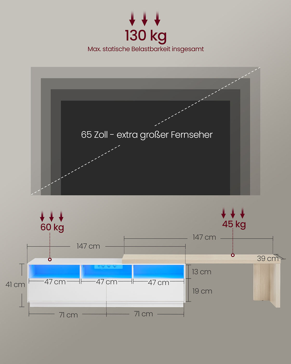 TV-meubel – L-vormig – Wolkenwit-naturel beige – Met opbergruimte – Verstelbare lengte (162–270 cm)