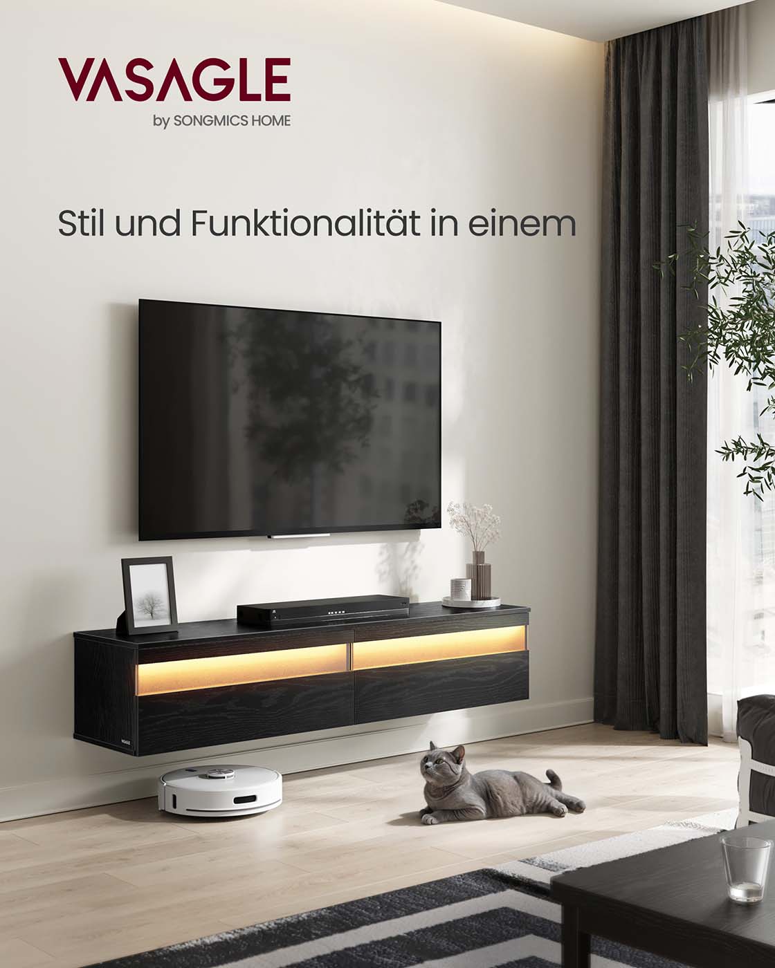 TV Meubel met verlichting (7 kleuren, 3 standen) - 147 x 35 x 30 cm  - 3x Stopcontact - 2x USB A - 2 opbergruimtes - Ebbenhout