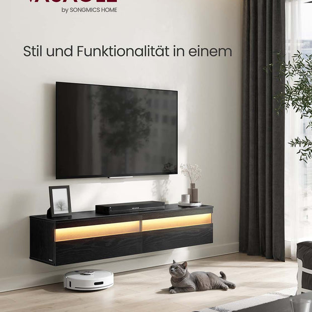 TV Meubel met verlichting (7 kleuren, 3 standen) - 147 x 35 x 30 cm  - 3x Stopcontact - 2x USB A - 2 opbergruimtes - Ebbenhout