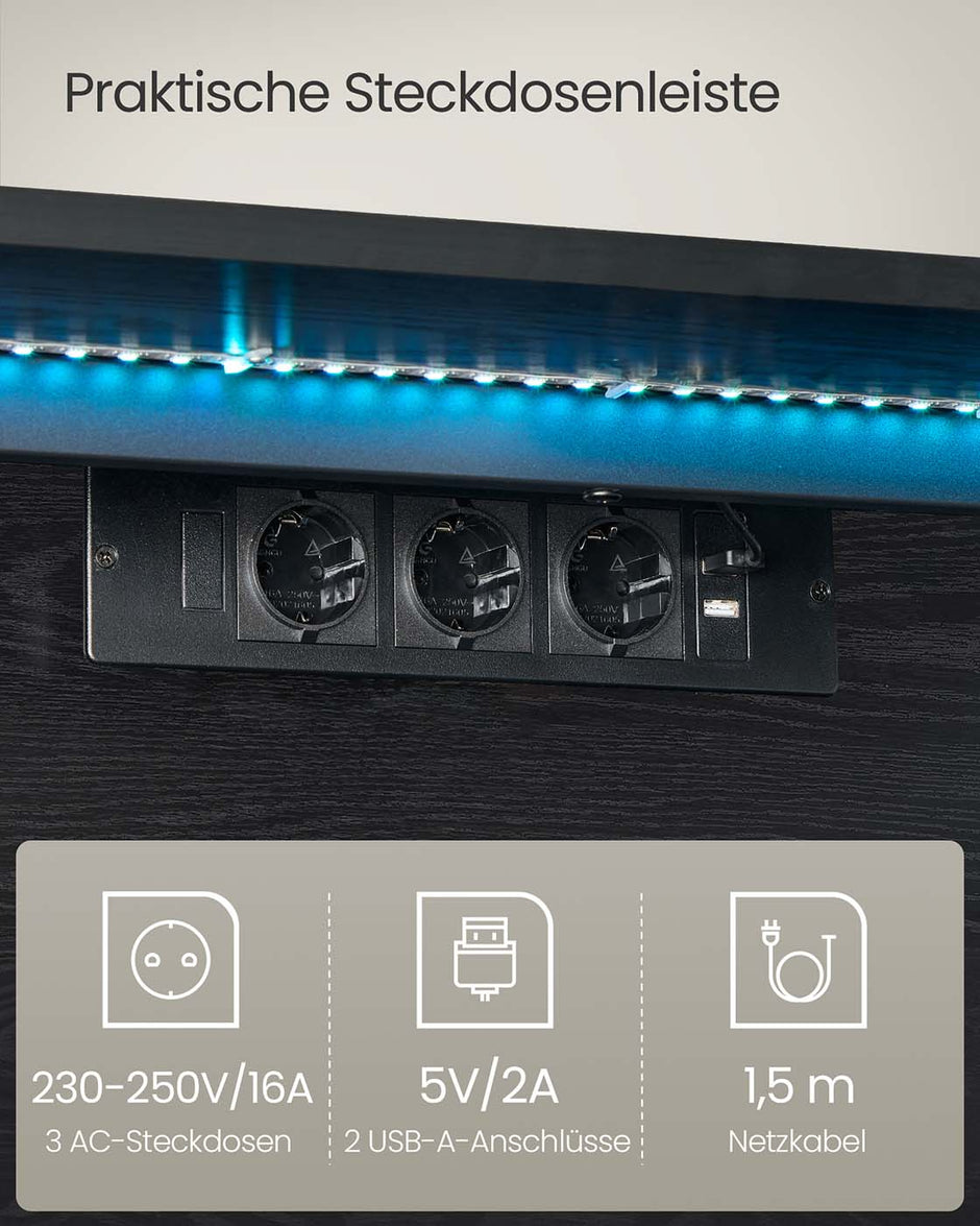 TV Meubel met verlichting (7 kleuren, 3 standen) - 147 x 35 x 30 cm  - 3x Stopcontact - 2x USB A - 2 opbergruimtes - Ebbenhout