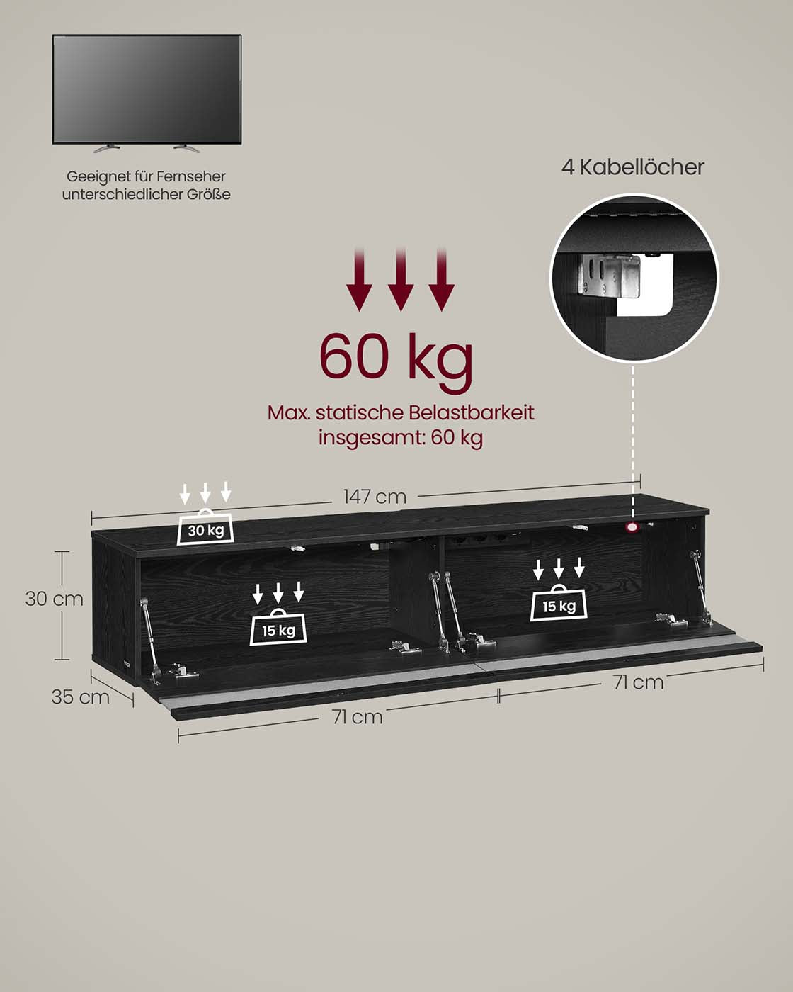 TV Meubel met verlichting (7 kleuren, 3 standen) - 147 x 35 x 30 cm  - 3x Stopcontact - 2x USB A - 2 opbergruimtes - Ebbenhout