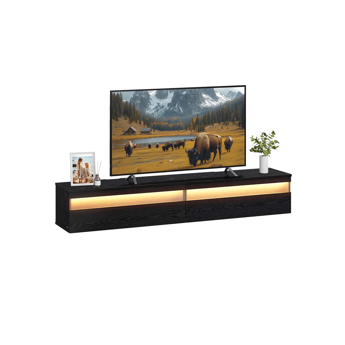 TV Meubel met verlichting (7 kleuren, 3 standen) - - 178 x 35 x 30 cm - 3x Stopcontact - 2x USB A - Twee opbergruimtes - Ebbenhout