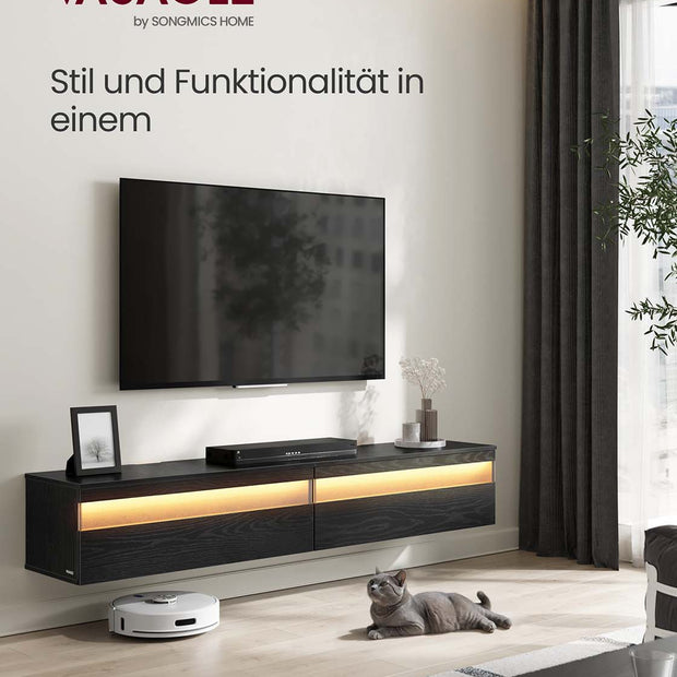 TV Meubel met verlichting (7 kleuren, 3 standen) - - 178 x 35 x 30 cm - 3x Stopcontact - 2x USB A - Twee opbergruimtes - Ebbenhout