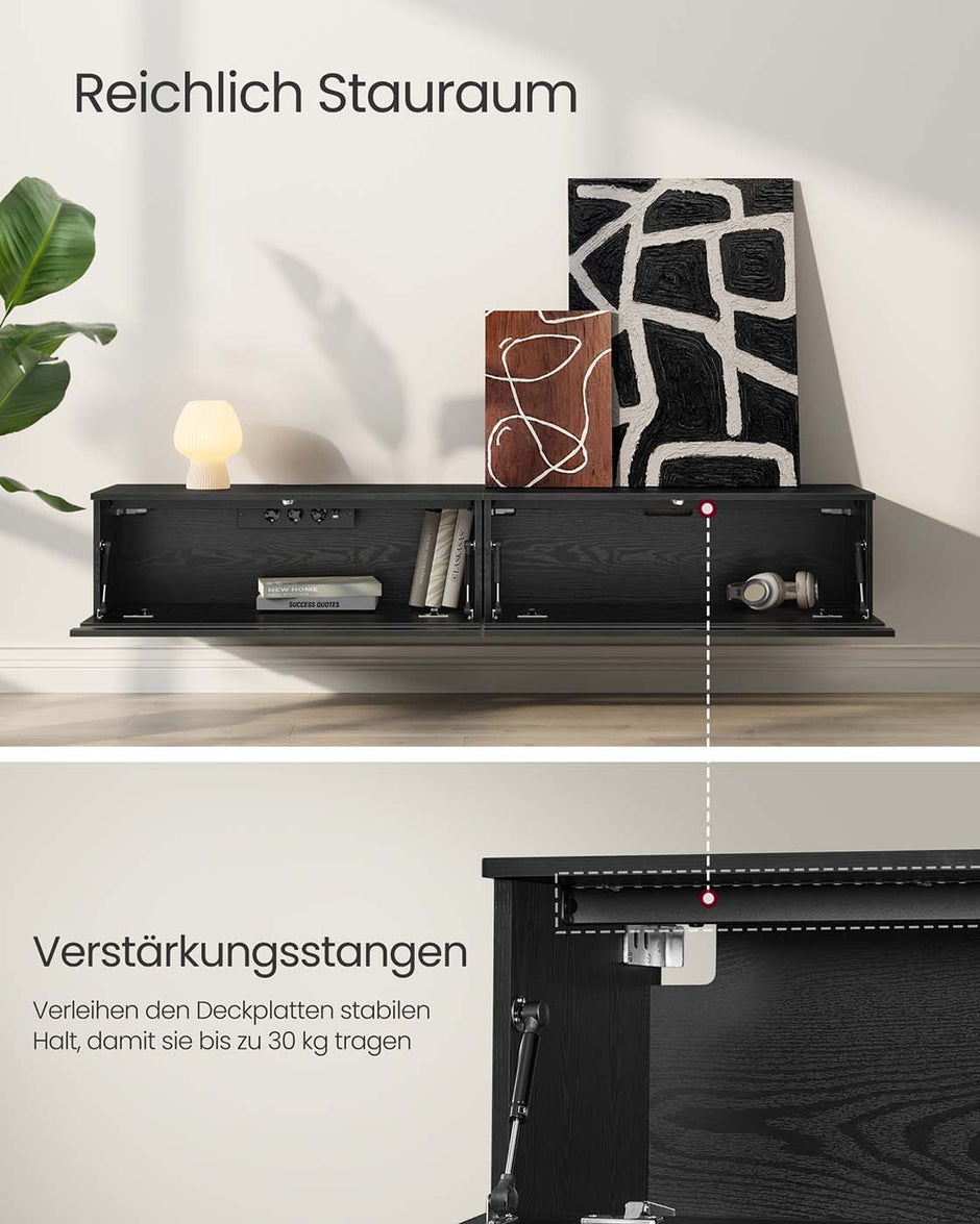 TV Meubel met verlichting (7 kleuren, 3 standen) - - 178 x 35 x 30 cm - 3x Stopcontact - 2x USB A - Twee opbergruimtes - Ebbenhout